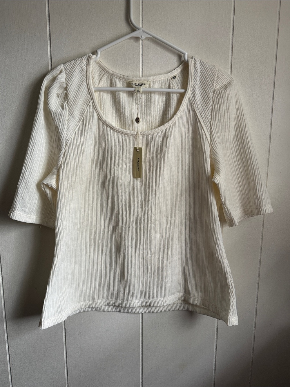 NWT Max Studio Cream Ribbed Scoop-Neck Short Sleeve Top Sz XL